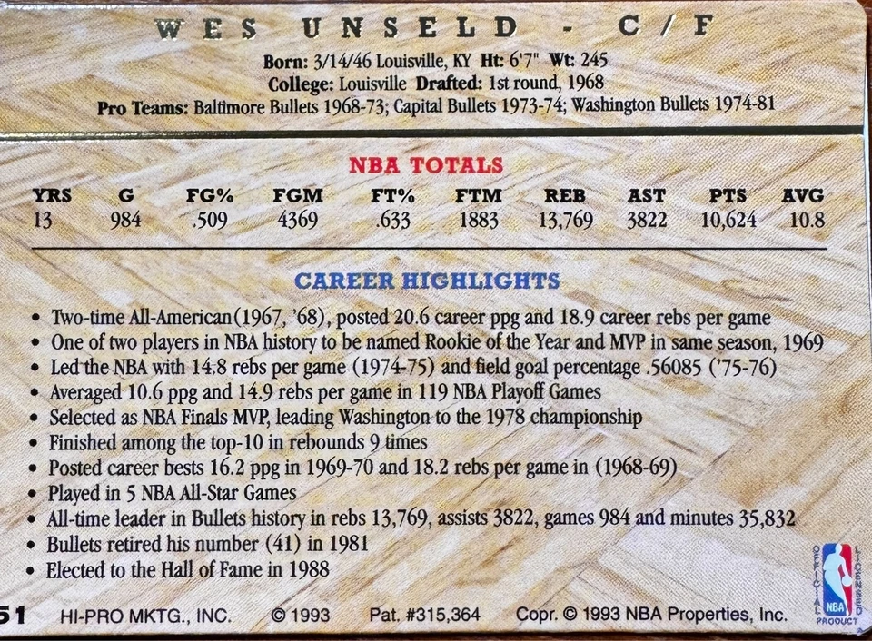 1993 Hi-Pro Action Packed WES UNSELD - Hall of Famer - Image 2 of 2