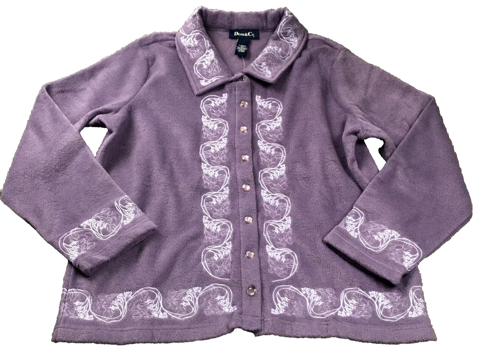 Denim & Co Womens Fleece Jacket & Pullover Top Set Sz L Embroidered NWT - Image 2 of 4