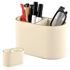 PU Leather Desk Organizer Pen Holder, 2-Compartment Small Pencil Cup, white