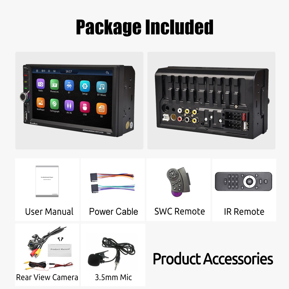 7 Inches Double 2 Din Car Stereo Radio Wireless Carplay Type-C Backup Camera&MIC