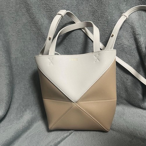 LOEWE Puzzle Fold Tote Mini Leather Beige White