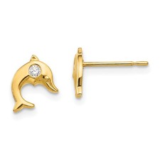 14k Yellow Gold Round Cubic Zirconia Dolphin Shape Stud Earrings 0.42gm