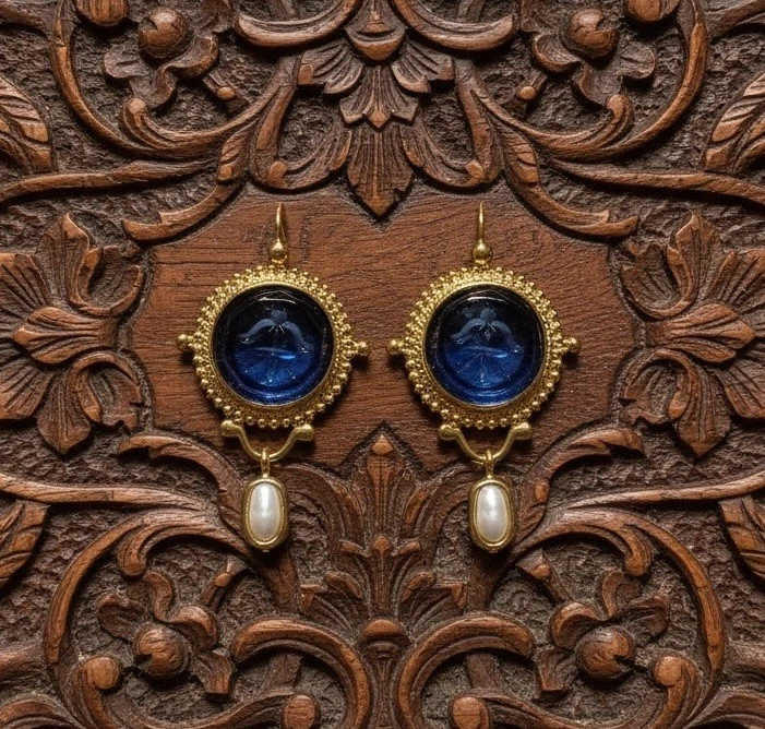 Pendientes Museo Eduardianos Intaglio Aqua Azul Perla Oro Camafeo Flor Geométrica Foto 2 de 4