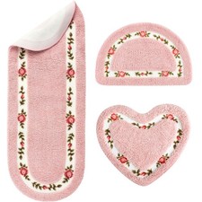 3 PCS Pink Rose Flower Coquette Bathroom Rug Set Non Slip Absorbent Bath Mat