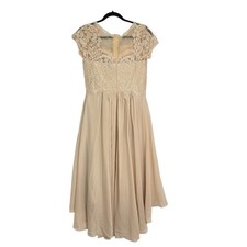 Champagne Tea Length High Low Dress Sz 8 Lace Jeweled Bodice Chiffon Flowy MOB