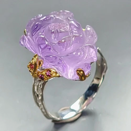 Sweet carving 18 ct Natural Amethyst Ring 925 Sterling Silver Size 8 /R463966