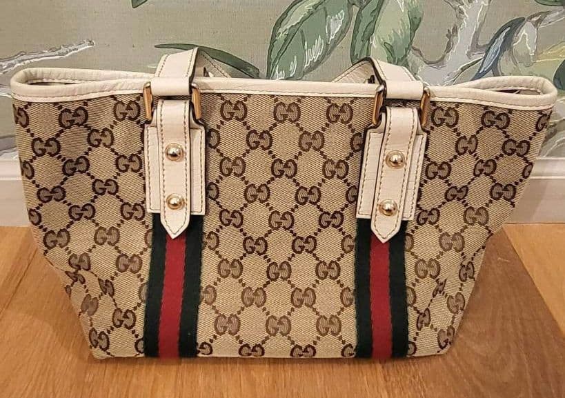 GUCCI GG Canvas Mini Tote Bag Woven Line Khaki Beige Authentic Excellent thumbnail 2