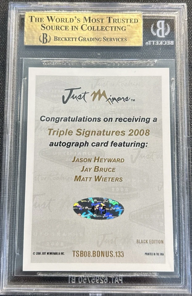 2008 Just Minors тройной автограф Джейсон Хейворд, Джей Брюс, Мэтт Уитерс /5 - Изображение 2 из 2