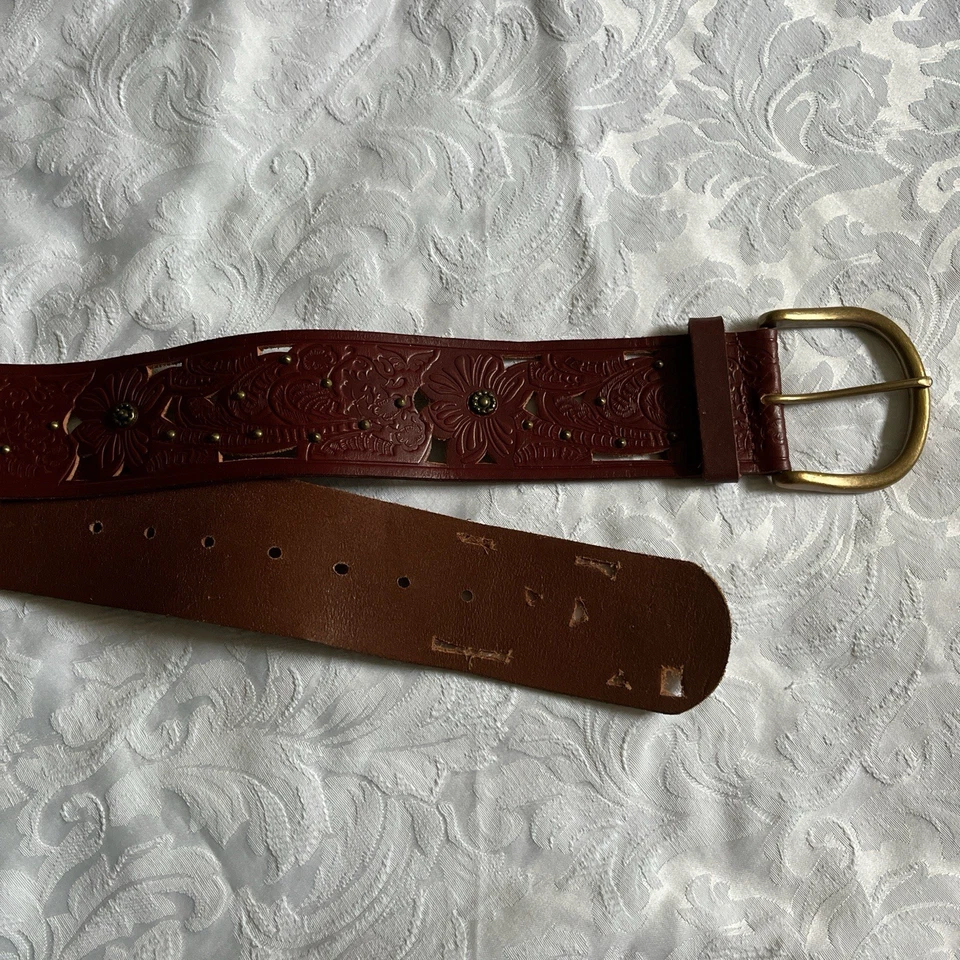 JAG Brown Tooled Leather Belt Brass Buckle Statement Boho Festival Accessories - image 4 of 4