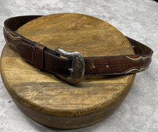 Western Belt Mens 34 Brown Leather Tooled Basketweave Concho Buckle Cowboy