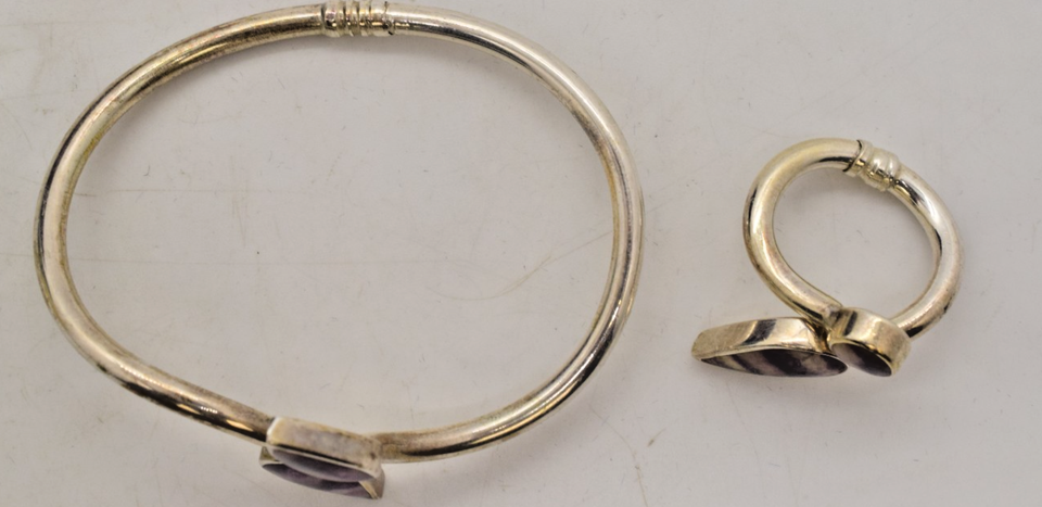 Stone Torque 925 Sterling Silver Purple Stone Torque Bangle Bracelet & Ring Set ...