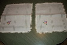 2X Vintage 14" X 12" Hand Embroidered Flowers Table Cloths with Lace - 60 Yrs