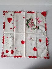 Vintage Valentine Handkerchief Hearts Flowers Scalloped Edge Printed Hankie 13"