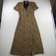 Ann Taylor Vintage Gold Purple Leaf Print Button Front Maxi Dress Shoulder Pad 4