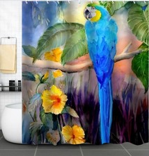 Blue Parrot Shower Curtain Tropical Floral Hibiscus Bird Fabric Decor Bathroom
