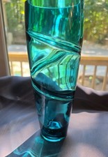 Vintage Turquoise Art Glass Vase 10" Hand Blown Spiral Swirl Mid Century Modern