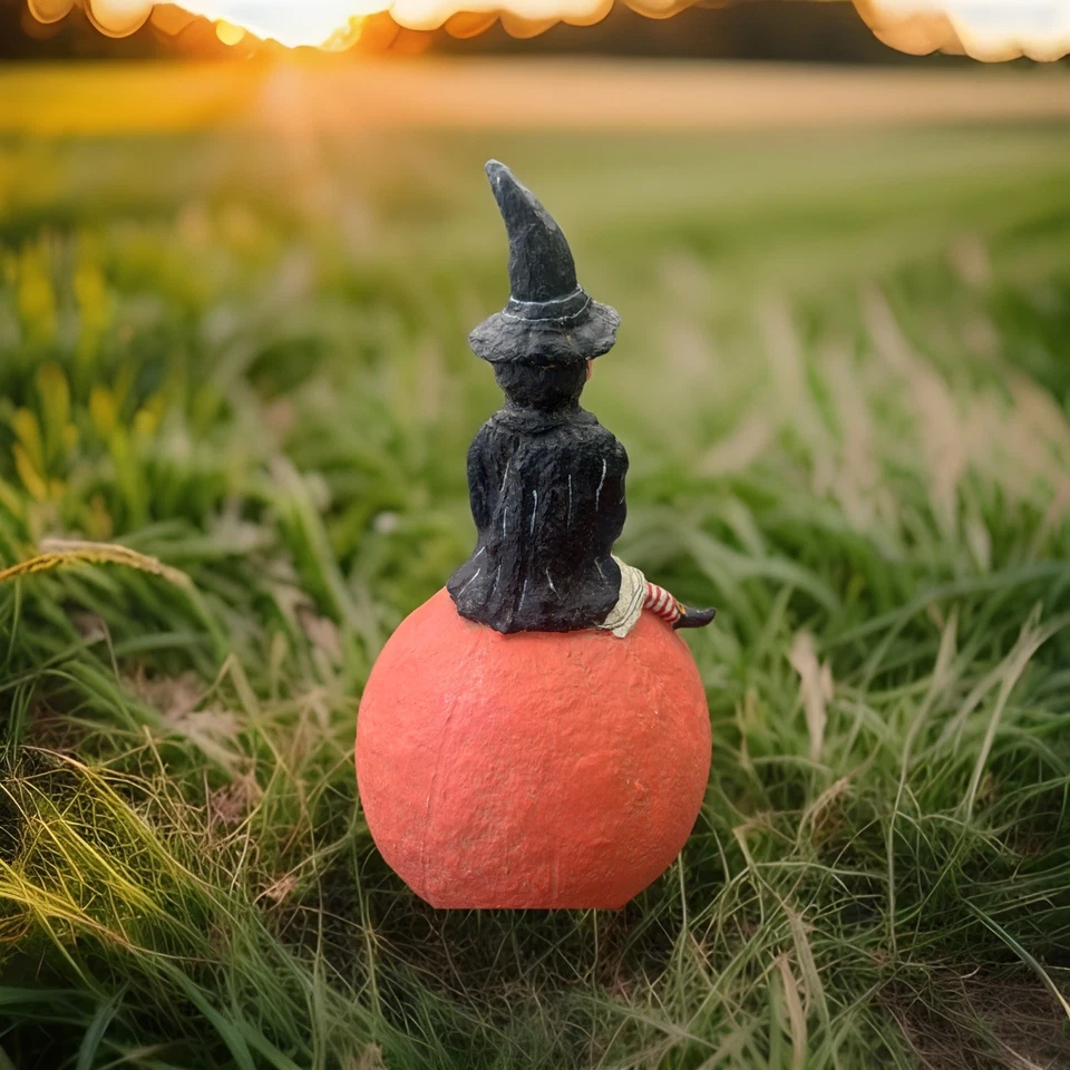 Vtg POLIWOGGS Hand Painted Halloween Sculpture (Yr. 2000- Witch/Pumpkin/Cat Folk - Image 3 of 4