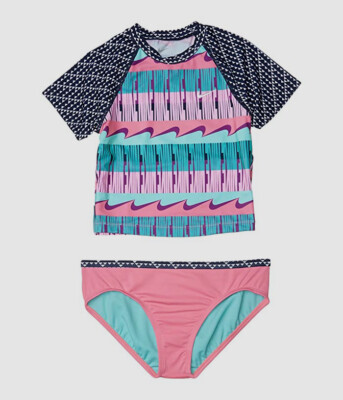 $75 Nike Sport Girl's Pink Blue Wave Crop Top Tankini Swimset Swimwear Size M