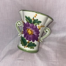 Vintage Hand Painted in Italy for FTD two handled Purple Floral Vase/Planter