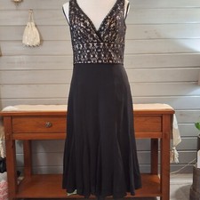 Tahari Chestnut Black Champagne Cocktail Lace Crochet Ruffle 100% Silk Dress Sz