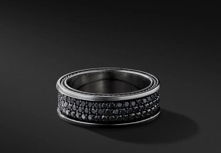 Anel feminino David Yurman prata esterlina três fileiras de diamantes pretos pavê - Imagem 3 de 4