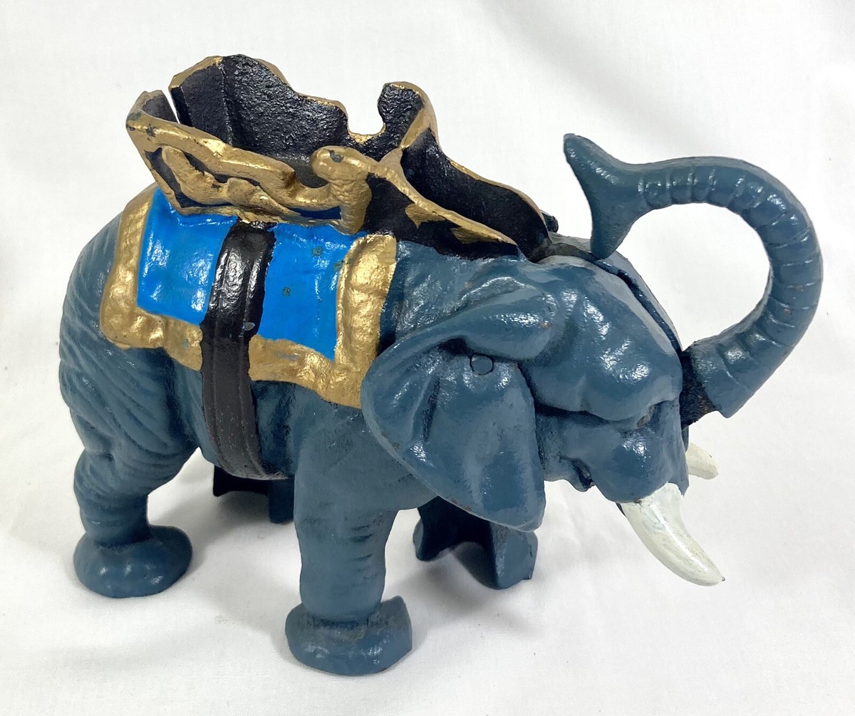 Vintage Elephant Cast Iron Mechanical Bank With Howdah Works! 4.75