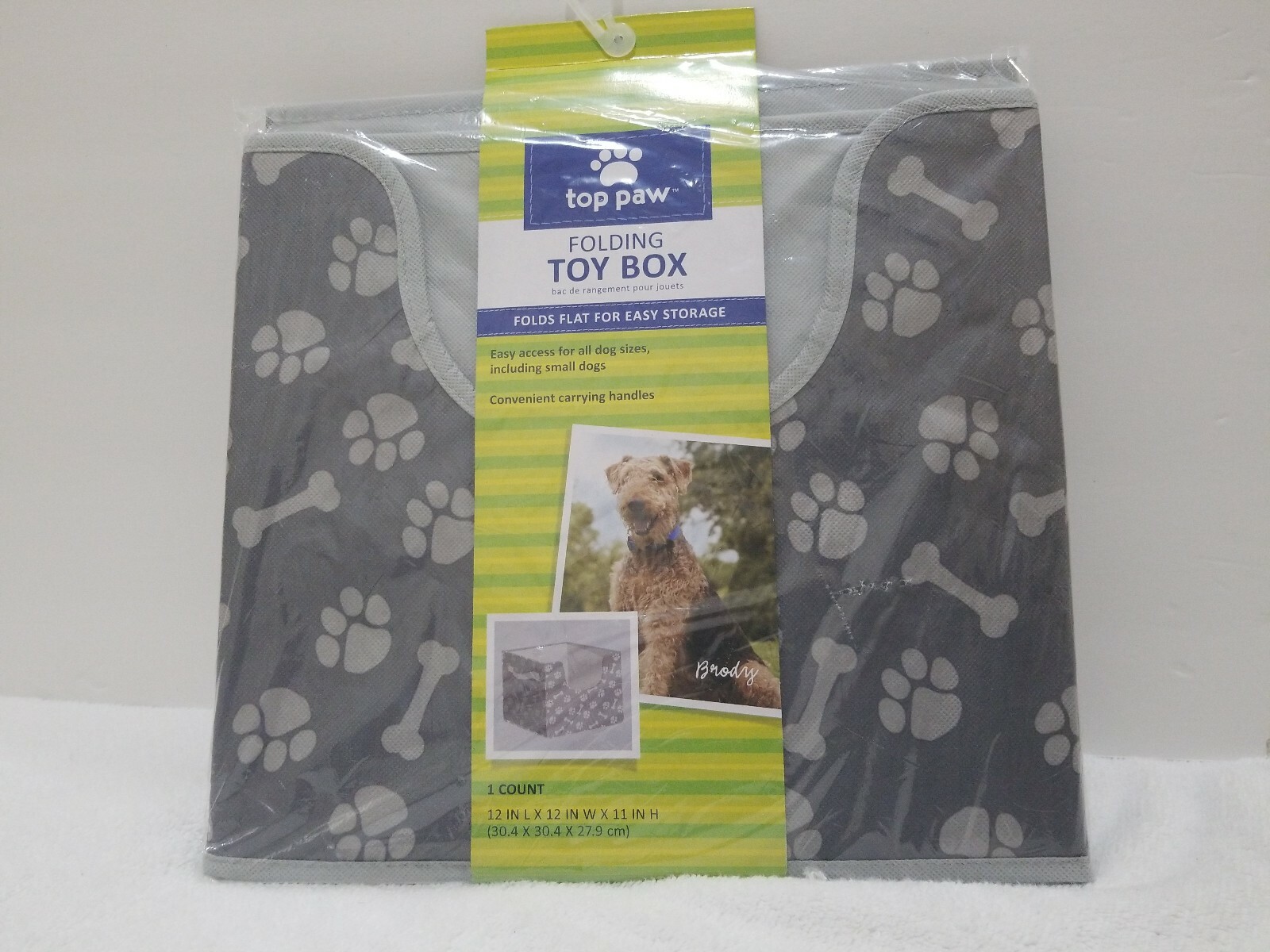 BRAND NEW Top Paw Folding Dog Toy Box Gray With Dog Paw Prints & Bones Print