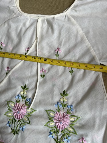 Women’s Vintage Embroidered Top Blouse sheer 60s white- pink - green size M - Picture 7 of 12