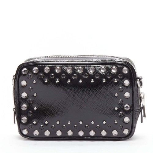 PRADA crystal silver stud logo black saffiano leather crossbody camera bag - Picture 5 of 11