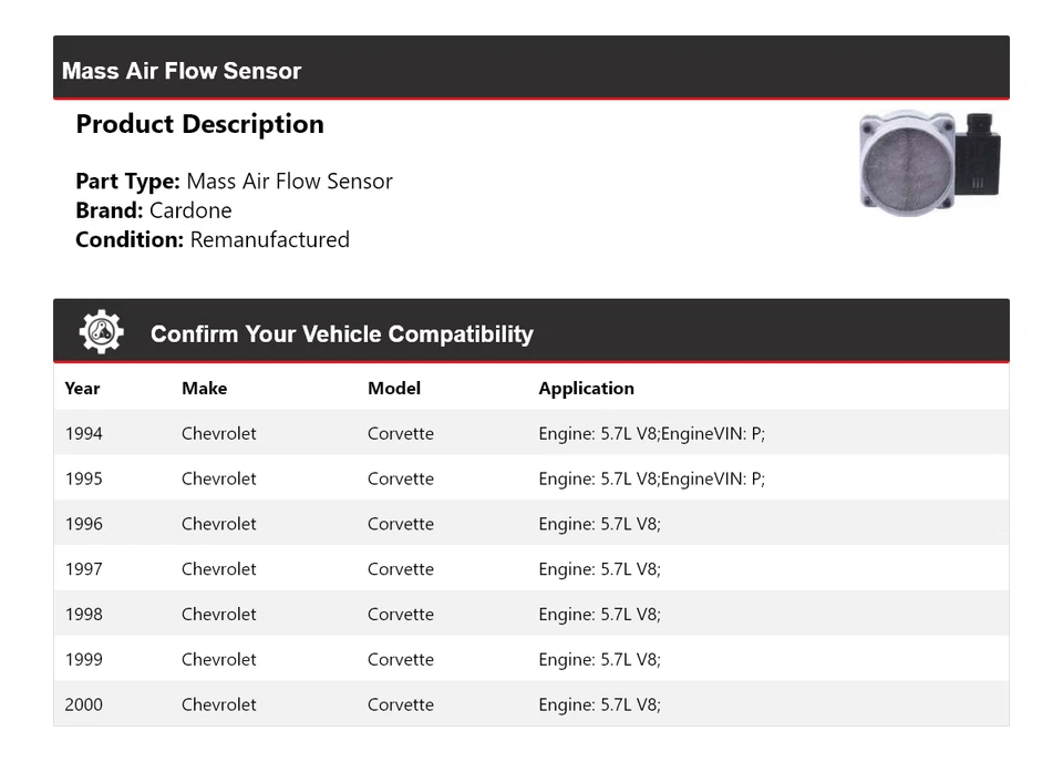 Sensor de fluxo de ar em massa Cardone 1995 1996 para 1994-2000 Chevrolet Corvette 5.7L V8 - Imagem 2 de 4