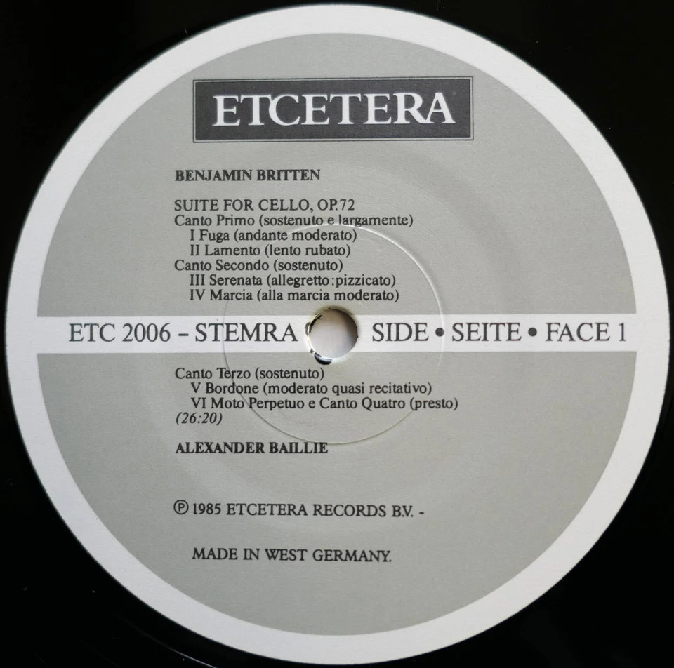 Britten Three Solo Cello Suites Sonata Alexander Baillie 2LP Etcetera ETC 2006 - Image 3 of 4