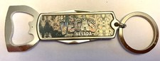 LAS VEGAS NEVADA KEY RING BOTTLE OPENER KNIFE, CHROME TONE WITH VEGAS LOGO