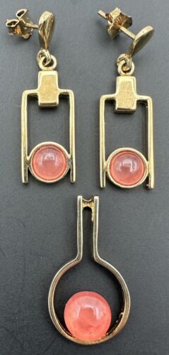 Vermeil Gilt Sterling Silver Pendant and Earrings Art Deco Modernist Style Pink - 第 1/10 張圖片