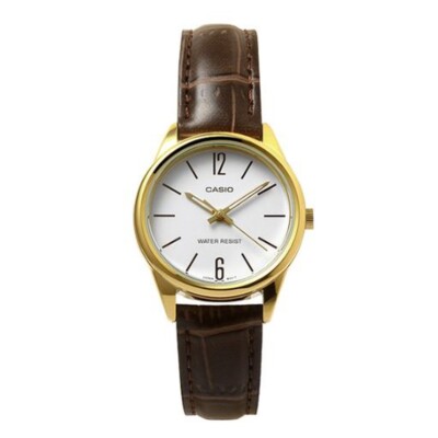 Casio LTP-V005GL-7B Damen Analog Quarz Uhr | Braunes Lederband | Weiß Durchme...