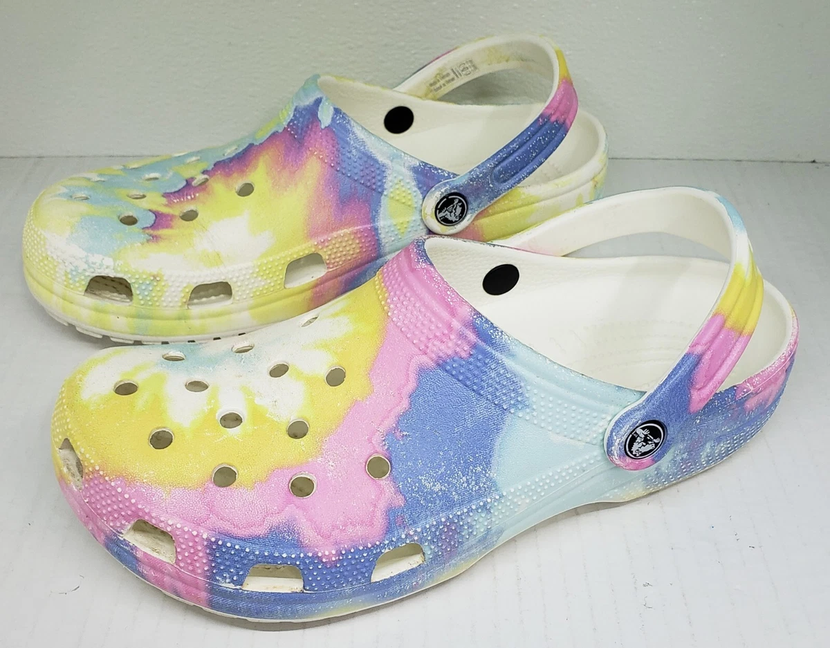 CROCS Womens Classic Tie Dye Graphic Clog Pastel Yellow Pink Blue