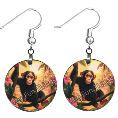 Pink Flowers Sunset Chimpanzee Earrings NO TARNISHING Wood Chimp Lover Gift