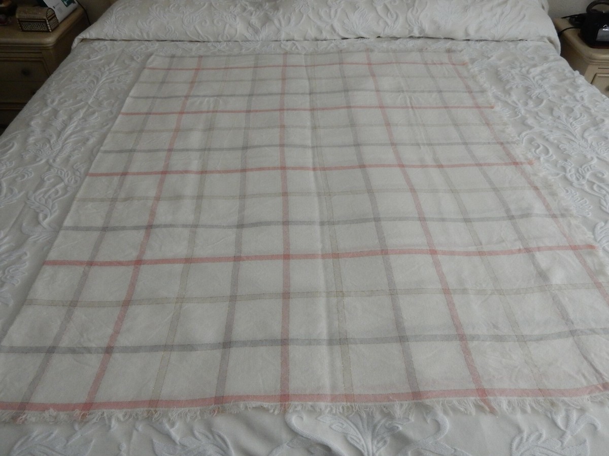 その他 USED BLANKET Vintage Woven Blanket Throw 59 X 98 White Pink Gray Gold Thread