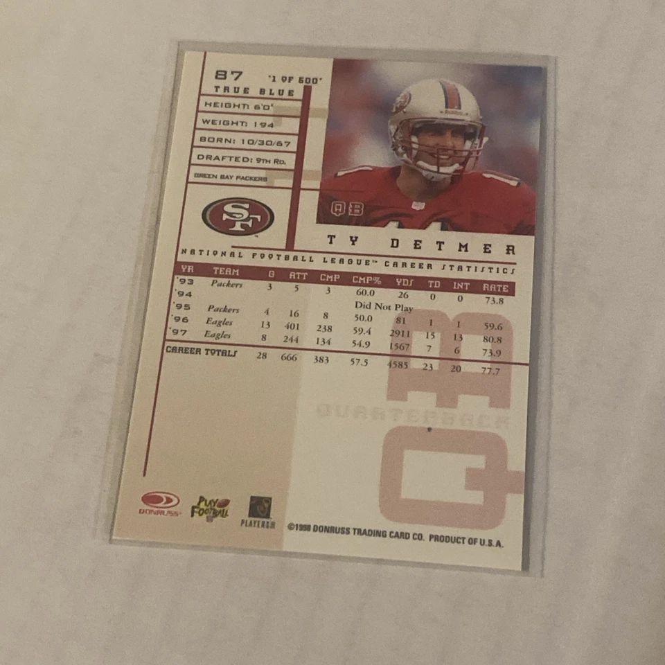 1998 Leaf Rookies & Stars Ty Detmers True Blue Parallel /500 - Image 2 of 2