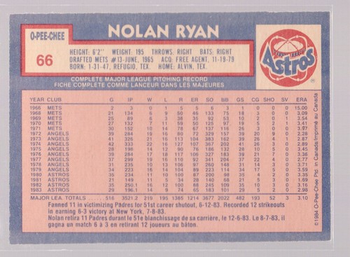 * 1984 O-Pee-Chee #066 - NOLAN RYAN * - Picture 2 of 2