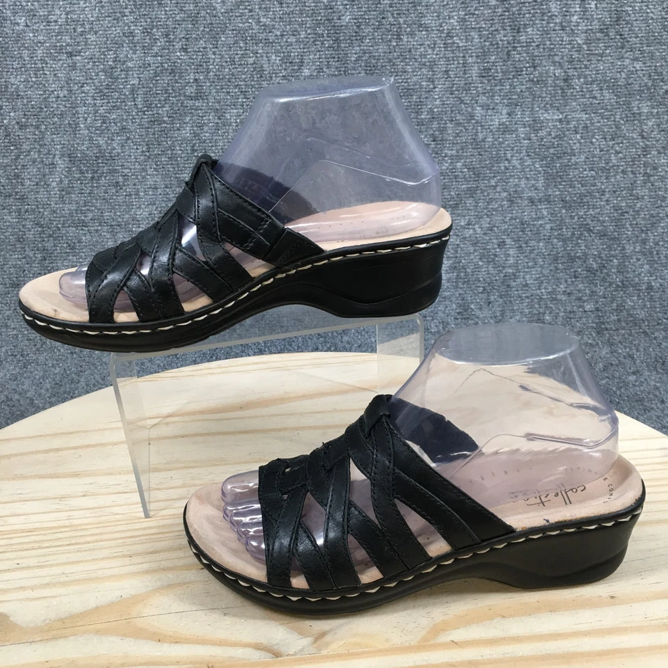 Sandalias sin cordones Clarks Collection para mujer 7M de cuero negro tacón de cuña cómodas Foto 2 de 4
