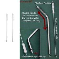 2 Pack Stainless Steel Drinking Straw Cleaning Brush 10" Long with Nylon Bristle