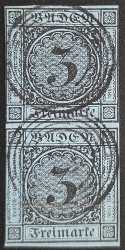 BADEN GERMANY 1858 Used 3 Kr Blue Vertical Pair Michel #8 CV €200 SIGNED VF