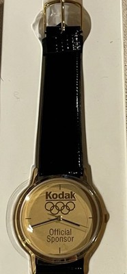 New 1992 Kodak Olympic Official Sponsor Watch Gold Tone w/Black Leather Band