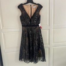 New! Mac Duggal Black Tan Sequined V Neck Cap Sleeve Dress Size 8 26719