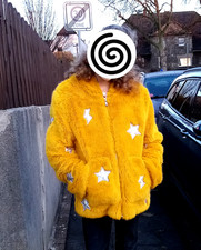 Mädchen Fell-Jacke Zara Kapuze Gr. 164 Gelb m. Applikationen, Zustand top