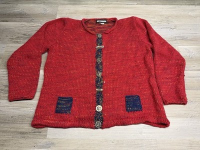 Vintage Ani Barrie Art To Wear Cardigan USA Cotton Novelty Buttons Red L