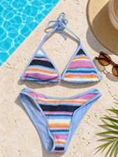 Women  s S Blue Pink Ribbed Two-Piece Bikini Swim Adjustable Straps