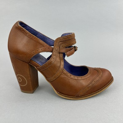 Red Or Dead Brown Leather Mary Jane Retro Block Heeled Vintage Style Shoes UK3