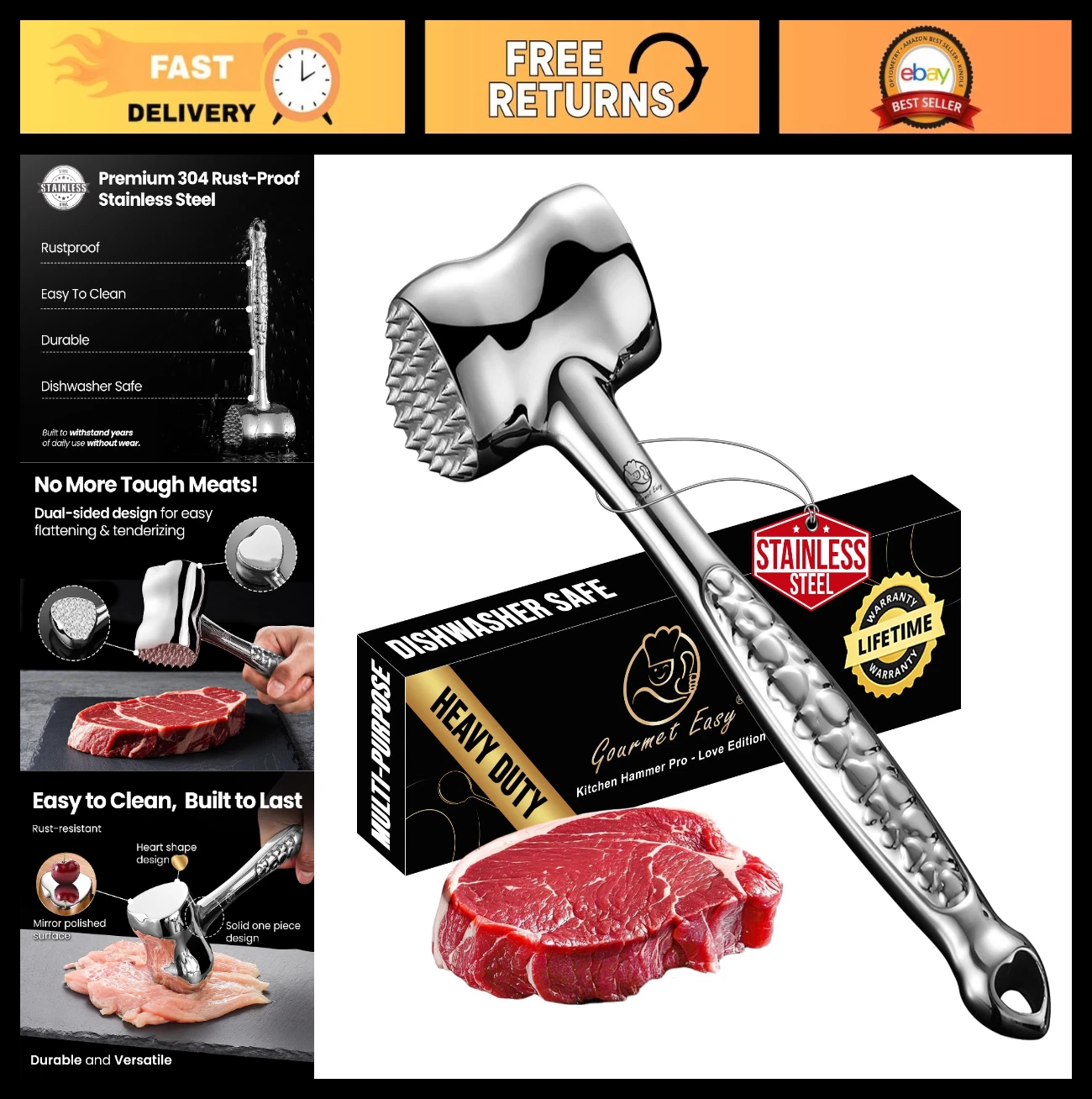 Premium Stainless Steel Meat Tenderizer Tool - Dual-Sided Mallet, Non-Slip Grip,
Opens in a new wind