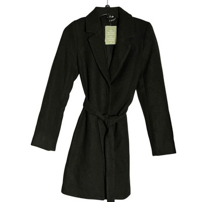 H&M Divided Black Belted Wool Blend Coat Small Recycled Polyester Outerwear